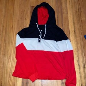red white blue sweater - 3/4 button w/hood